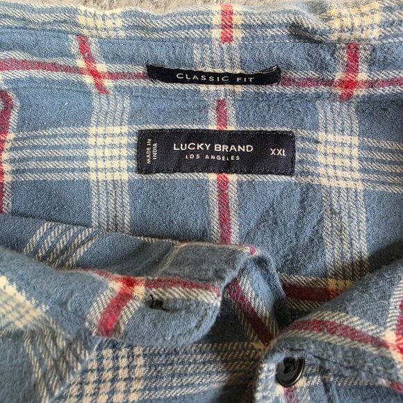 Lucky Brand Men’s XXL Classic Fit Blue Plaid Flannel Shirt Long Sleeve Button Fr - Picture 3 of 7